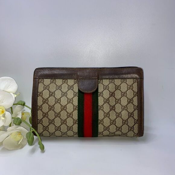 💎Gorgeous💎 Authentic GUCCI Web Sherry Line GG Logo Canvas/Leather Clut… - Picture 2 of 15